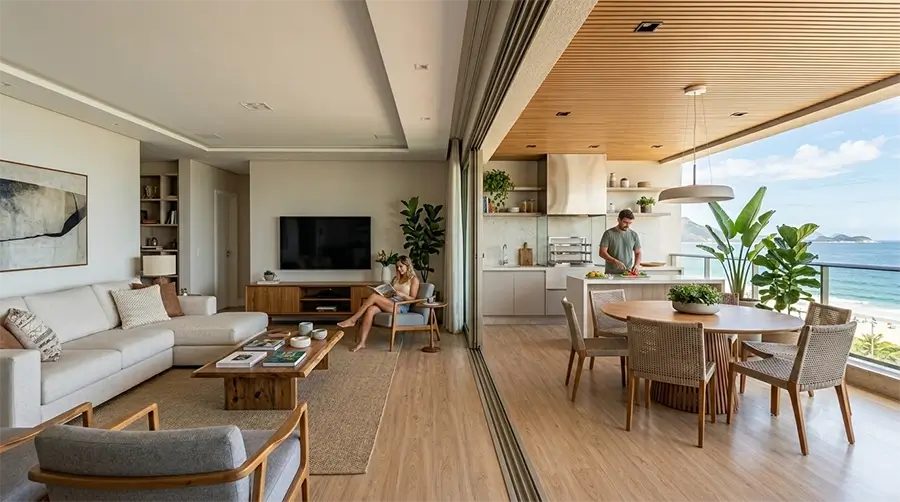 Imagem de apartamento amplo na Barra da Tijuca com piso prático e elegante, decoração sofisticada no Rio de Janeiro