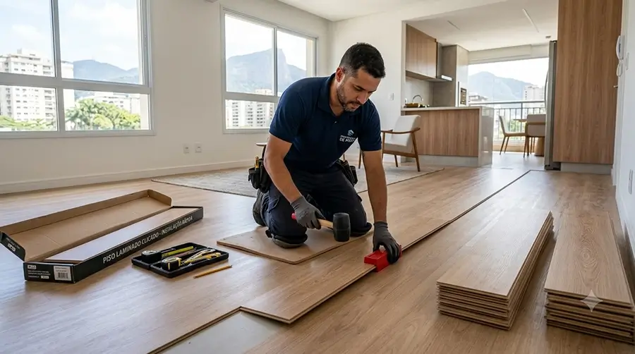 Profissional realizando a instalação limpa e rápida de réguas de piso clicado em um apartamento residencial.]