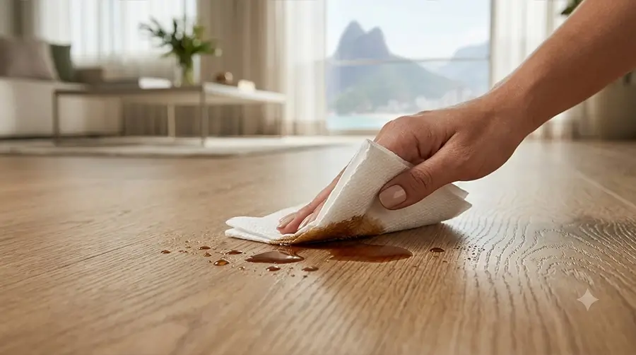 Close-up demonstrando a remoção simples de um líquido derramado sobre a superfície do laminado com papel toalha.