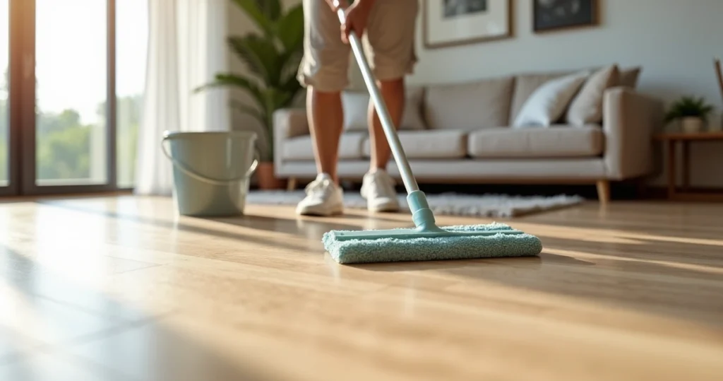 Pessoa limpando piso resistente à água em sala moderna iluminada pela manhã