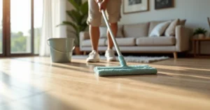 Pessoa limpando piso resistente à água em sala moderna iluminada pela manhã