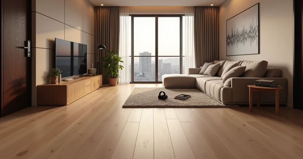 Sala de TV aconchegante com piso vinílico claro e detalhe de painel acústico na parede