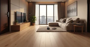 Sala de TV aconchegante com piso vinílico claro e detalhe de painel acústico na parede