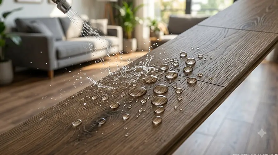 Close-up de uma régua de piso laminado premium recebendo respingos de água, demonstrando a tecnologia de impermeabilidade da superfície.